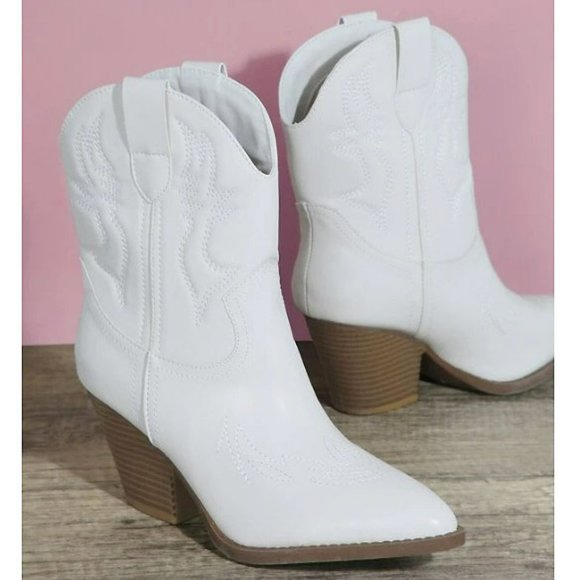 New Womens White Western Cowboy Ankle Boots Booties - Picture 3 of 4